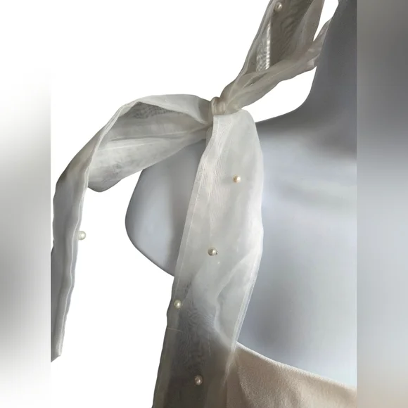 Lulus Beaming Perfection White Pearl Organza Tie-Strap Mini Dress Wedding Size M - Picture 2 of 4